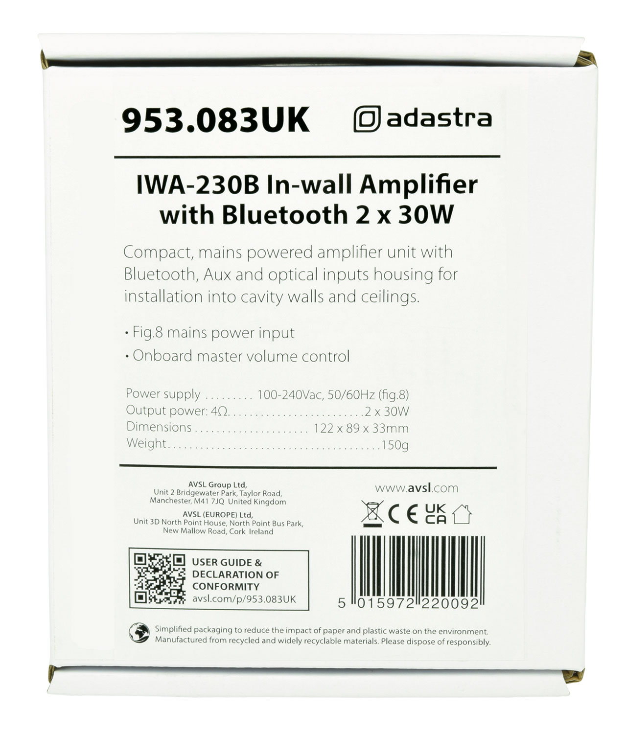 Adastra IWA-230B Επιτοίχιος Ενισχυτής με Bluetooth 2X30W