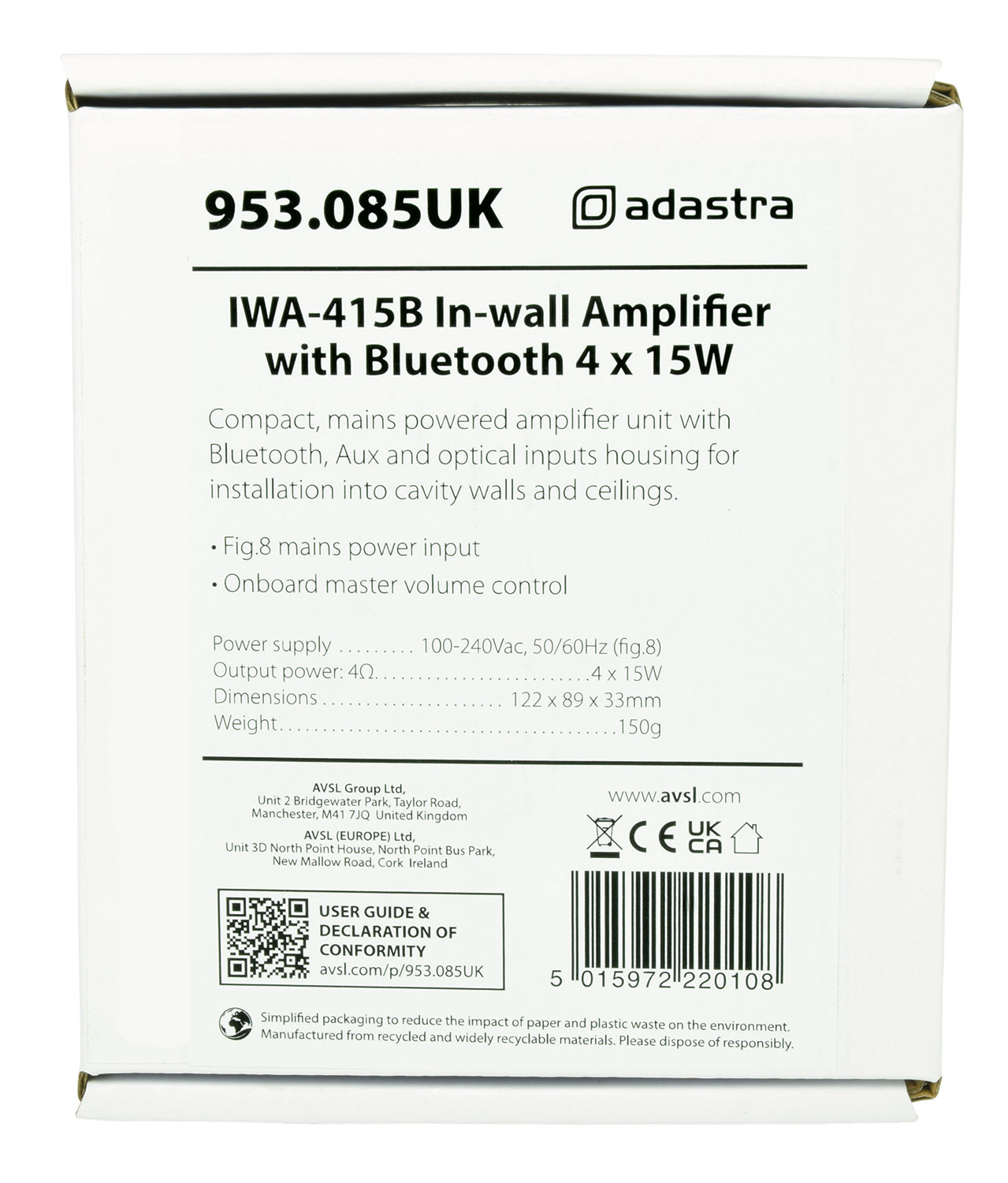 Adastra IWA-415B Επιτοίχιος Ενισχυτής με Bluetooth 4X15W